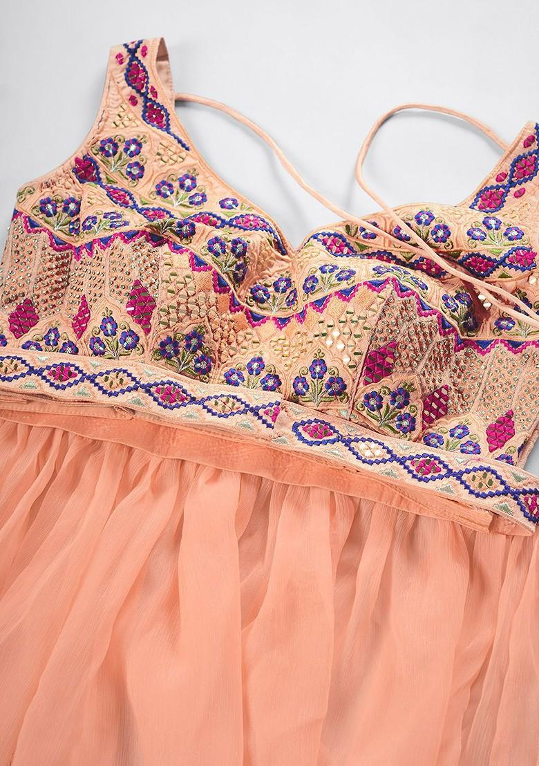 Peach Mirror Work Poly Blend Lehenga Set