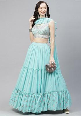 Blue Embroidered Poly Blend Lehenga Set