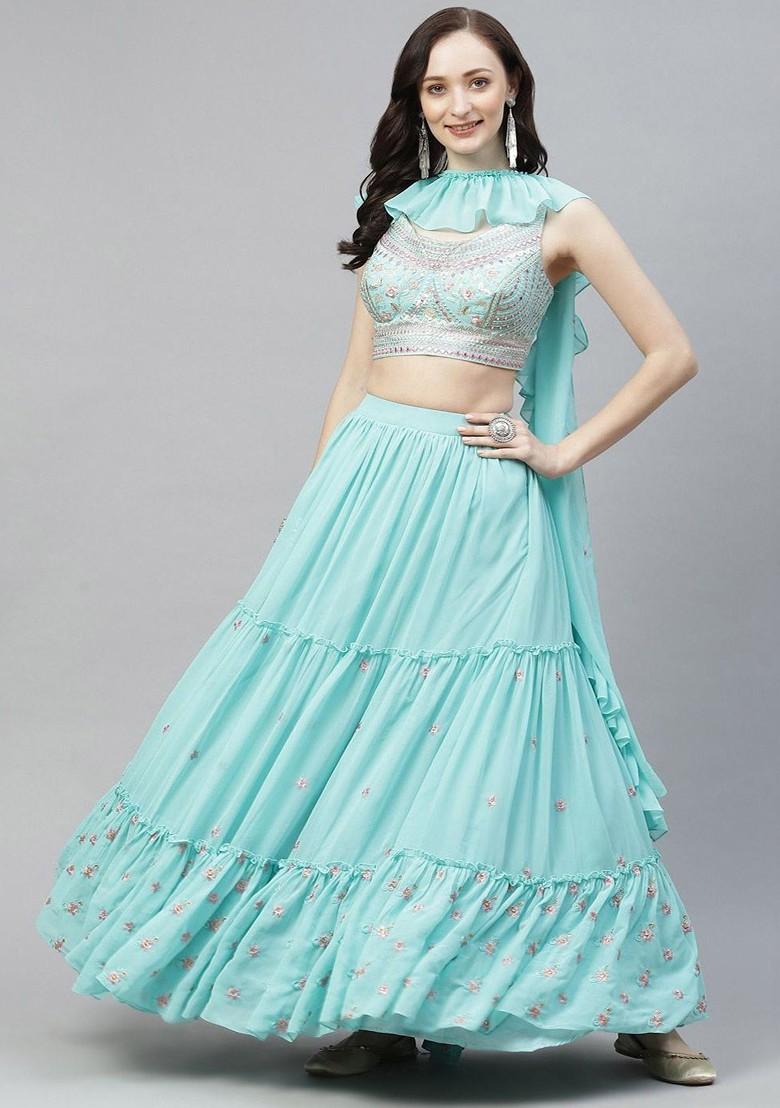 Blue Embroidered Poly Blend Lehenga Set