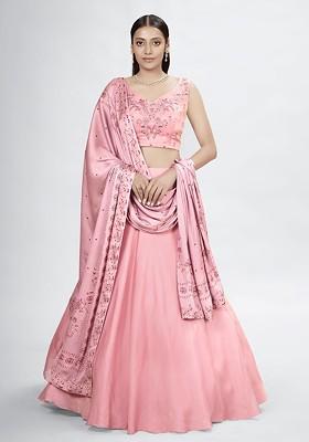 Purple Embroidered Poly Blend Lehenga Set