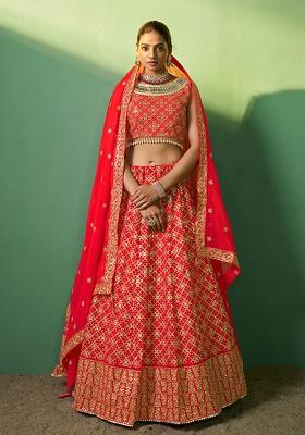 Red Embroidered Poly Blend Lehenga Set