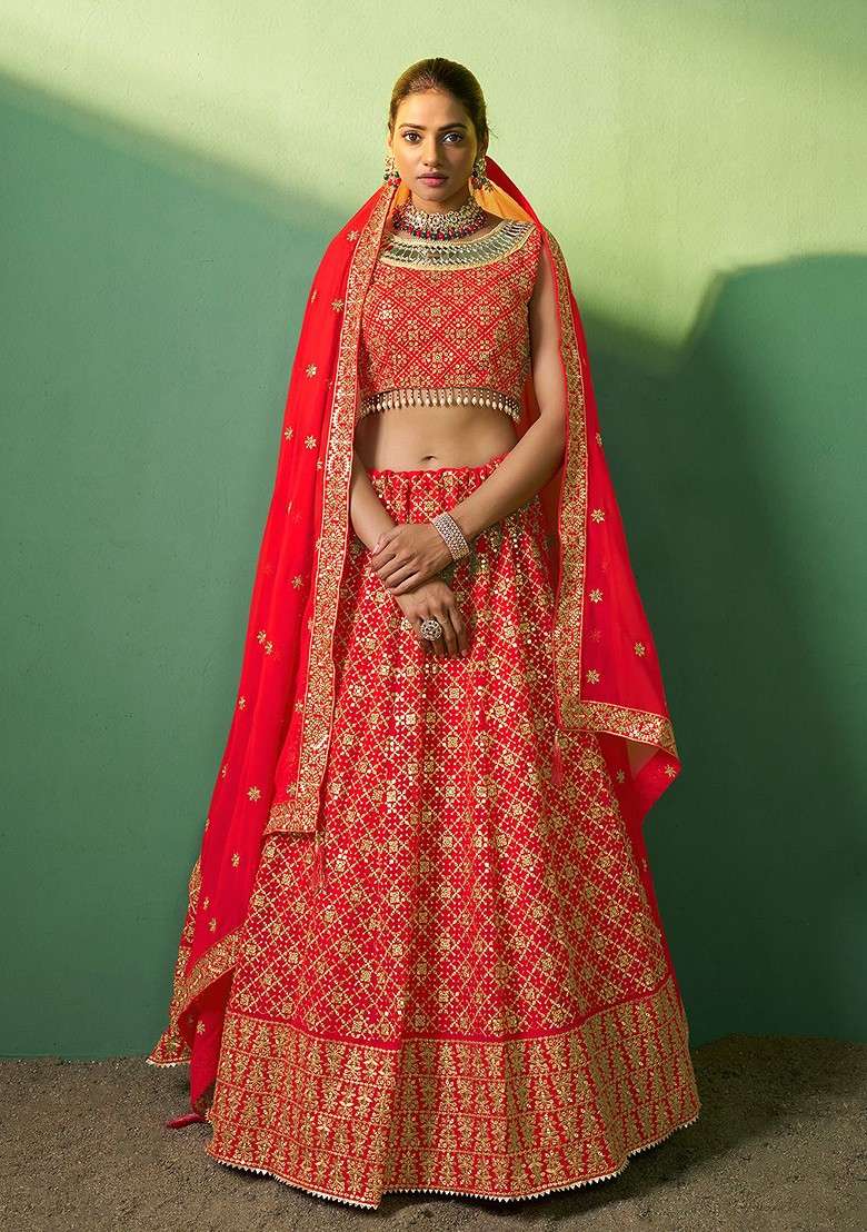 Red Embroidered Poly Blend Lehenga Set for Diwali and Festive Wear - Indya