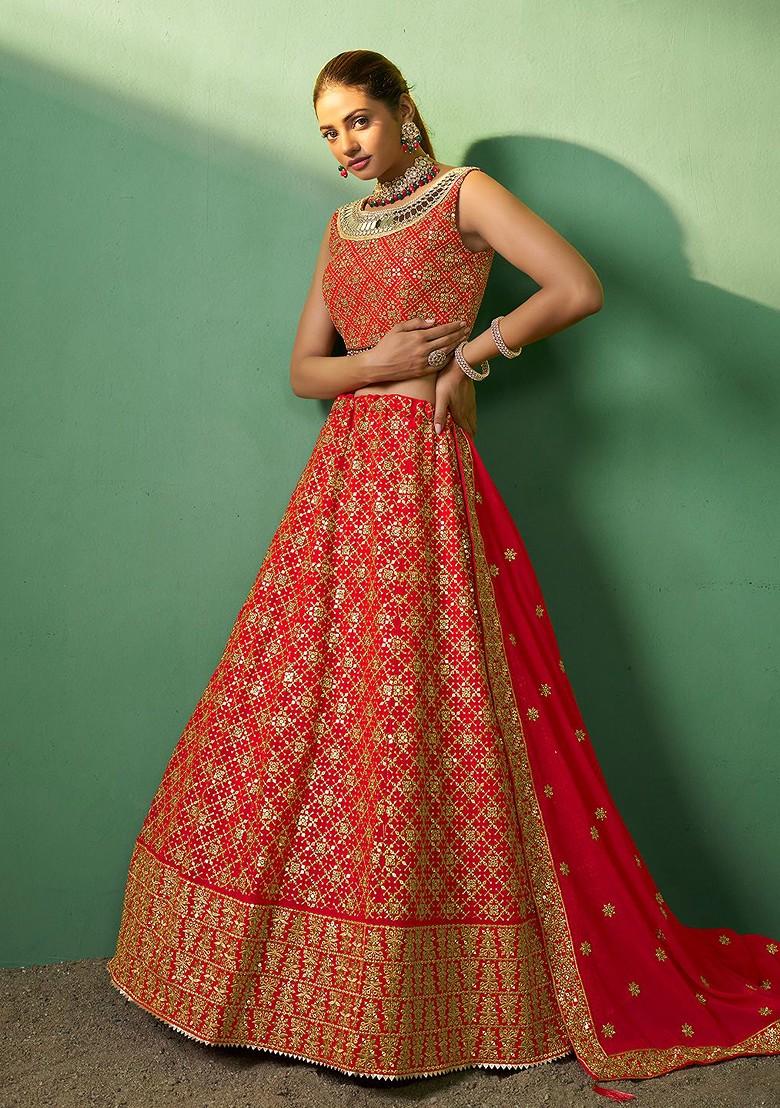 Red Embroidered Poly Blend Lehenga Set
