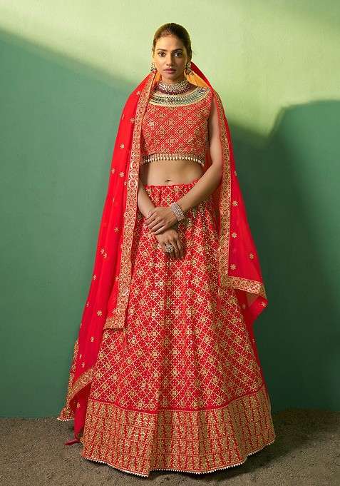 Red Embroidered Poly Blend Lehenga Set for Diwali and Festive Wear