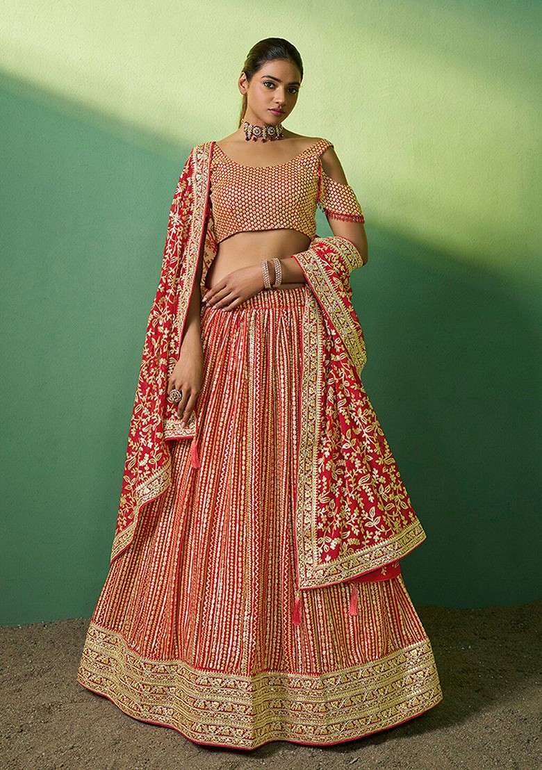 Red Poly Blend Lehenga Set with Embroidered for Diwali | Wedding & Festive Wear - Indya