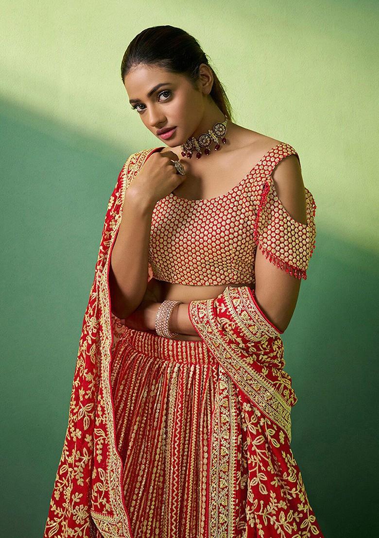 Red Embroidered Poly Blend Lehenga Set