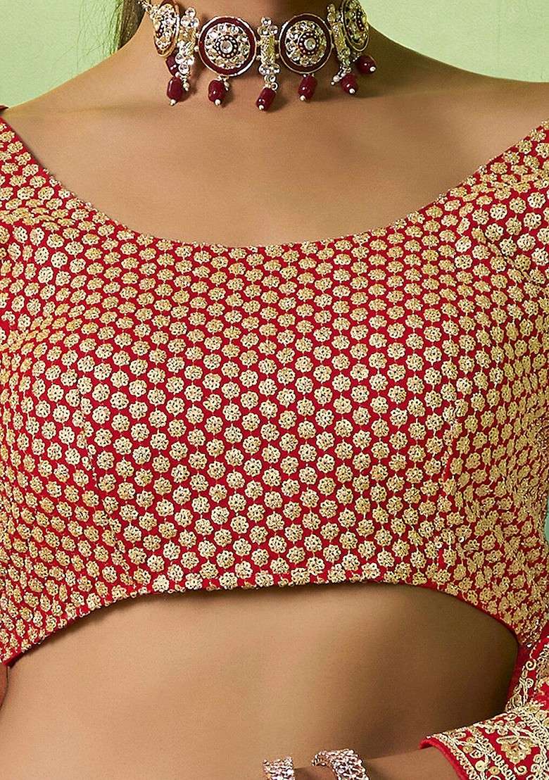 Red Poly Blend Lehenga Set with Embroidered for Diwali | Wedding & Festive Wear - Indya