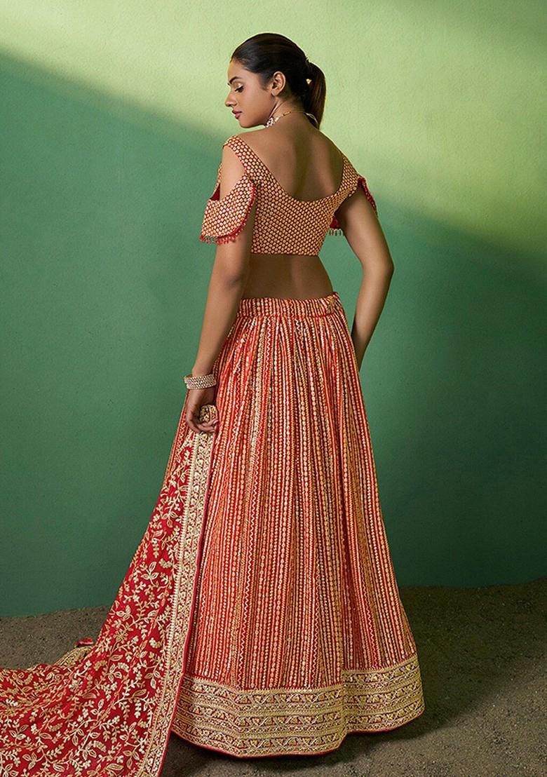 Red Embroidered Poly Blend Lehenga Set