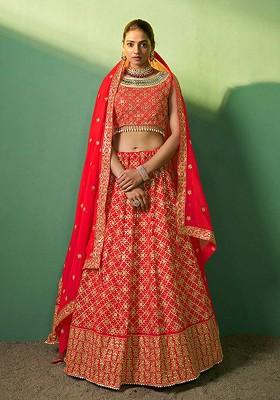 Red Embroidered Poly Blend Lehenga Set