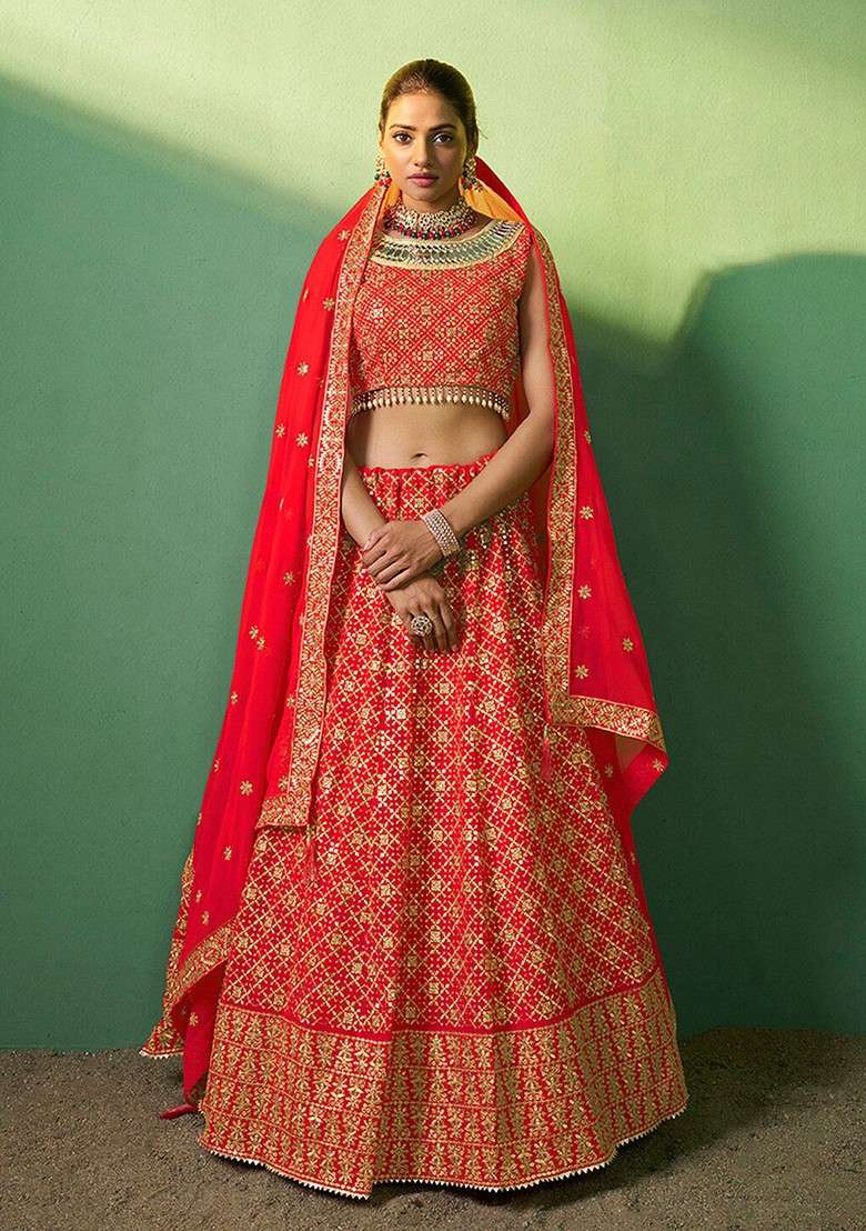 Red Poly Blend Lehenga Set with Embroidered for Diwali | Wedding & Festive Wear - Indya