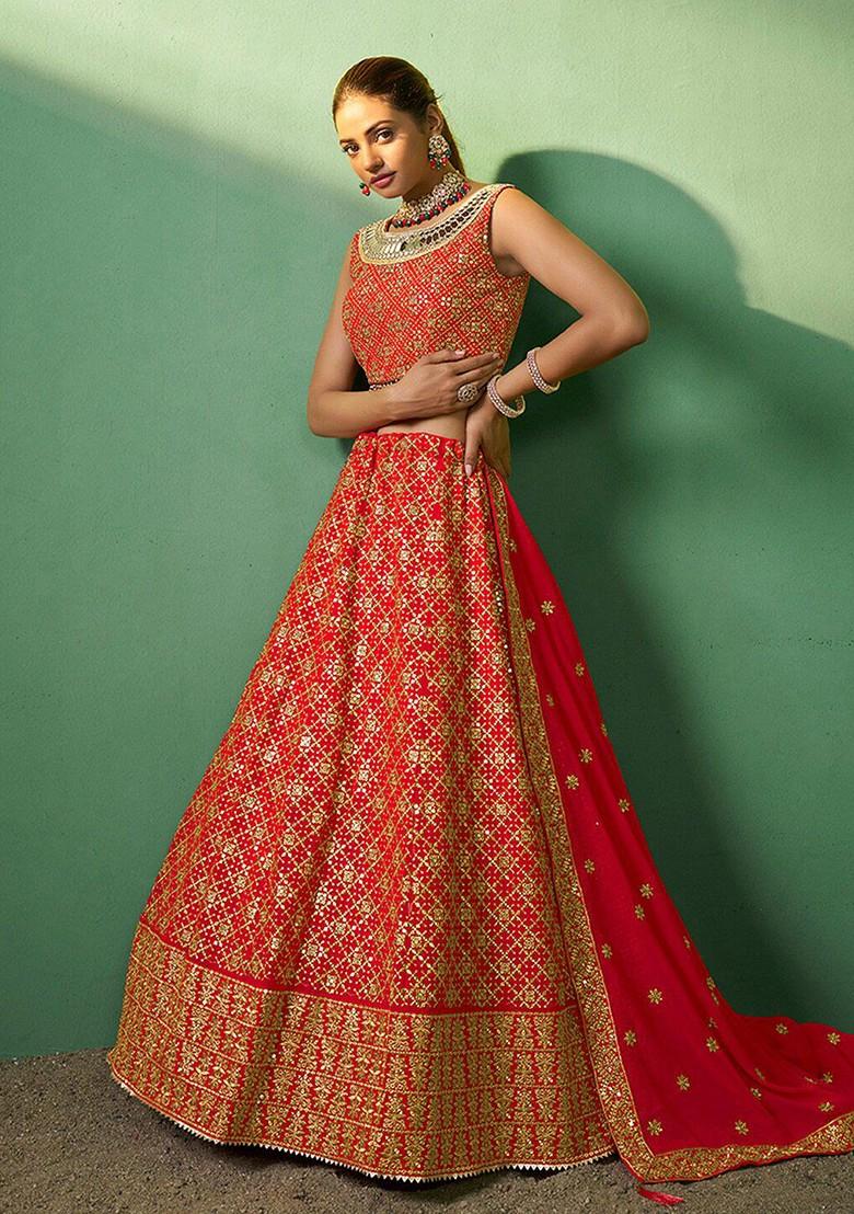 Red Embroidered Poly Blend Lehenga Set