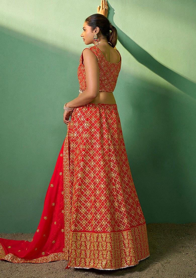 Red Embroidered Poly Blend Lehenga Set