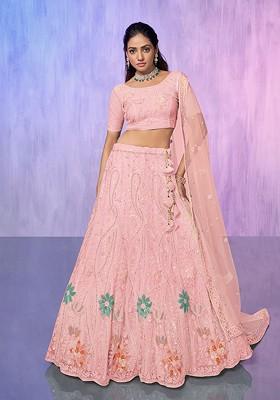 Peach Embroidered Poly Blend Lehenga Set