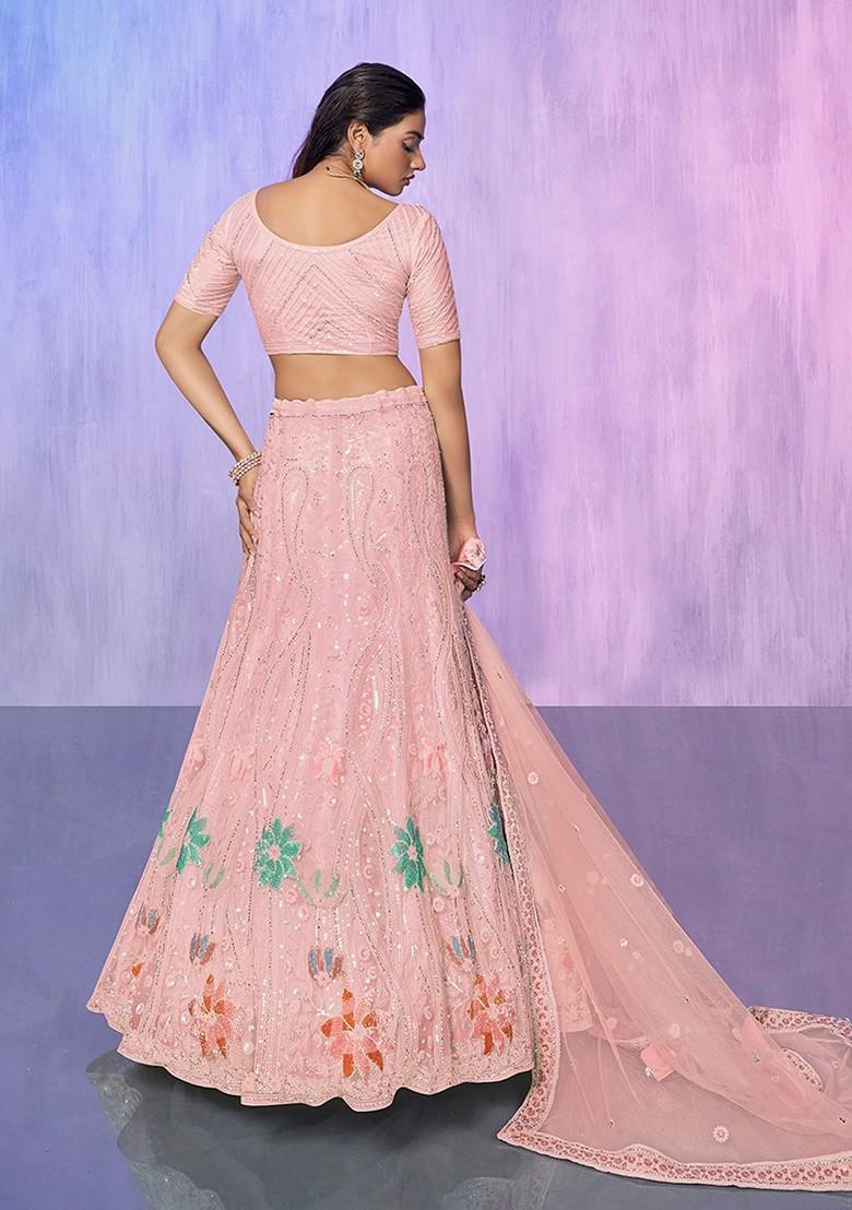 Peach Embroidered Poly Blend Lehenga Set