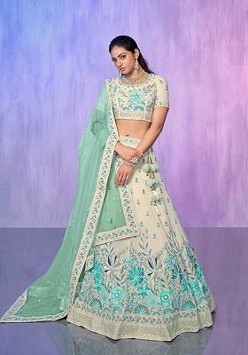 White Embroidered Poly Blend Lehenga Set
