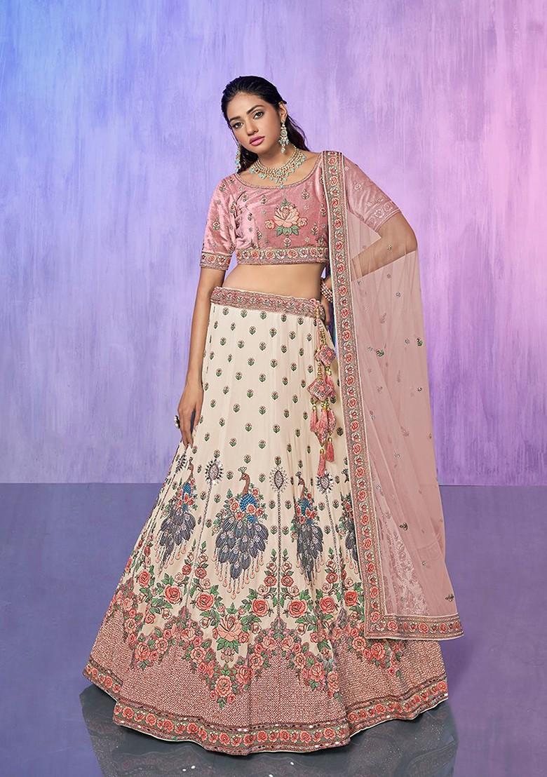 White Sequin Embroidered Poly Blend Lehenga Set