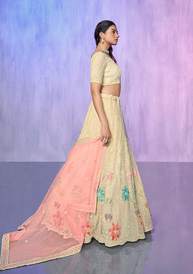 Beige Sequin Embroidered Poly Blend Lehenga Set