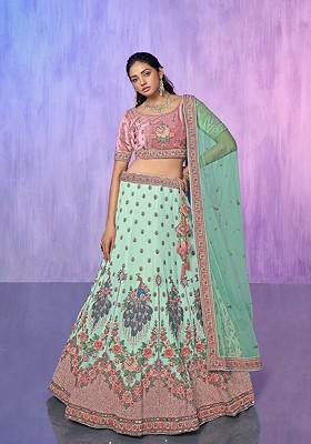 Blue Embroidered Poly Blend Lehenga Set
