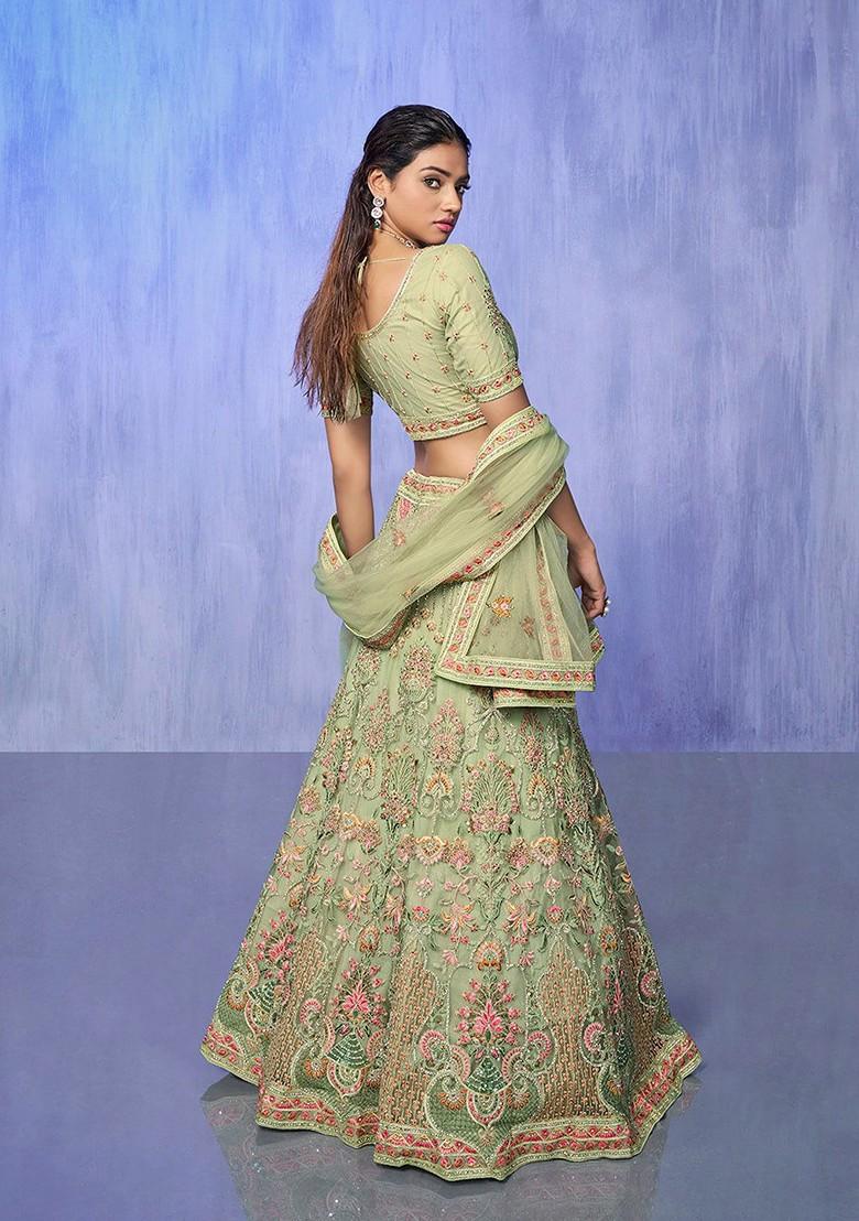 Green Sequin Embroidered Poly Blend Lehenga Set
