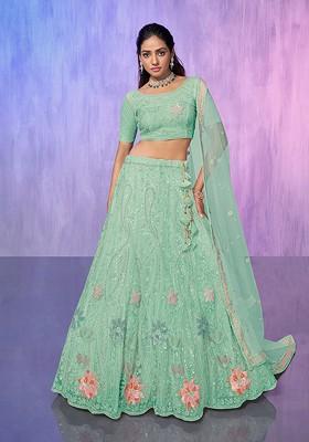 Blue Embroidered Poly Blend Lehenga Set