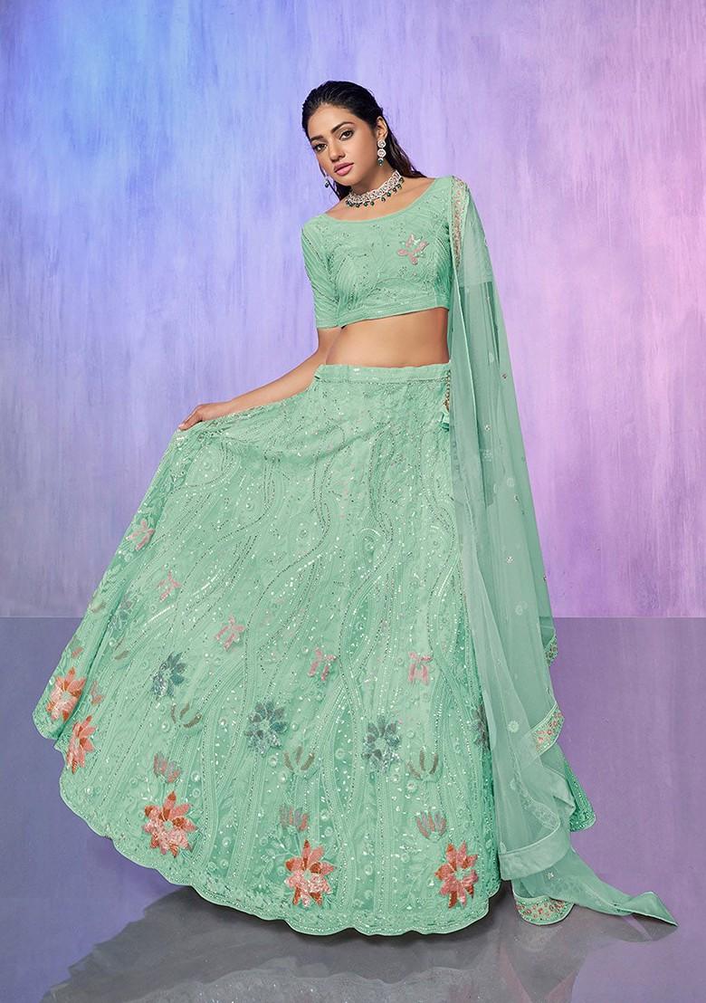 Blue Embroidered Poly Blend Lehenga Set