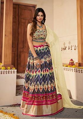 Cream Mirror Work Poly Blend Lehenga Set