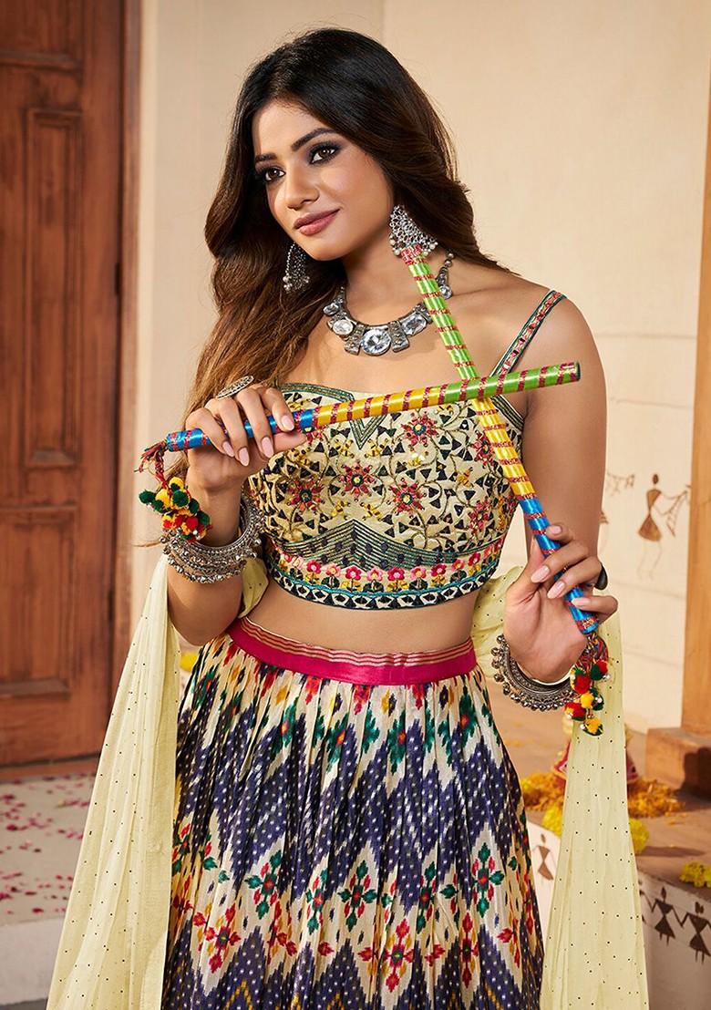 Cream Mirror Work Poly Blend Lehenga Set