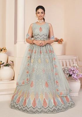 Grey Embellished Poly Blend Lehenga Set