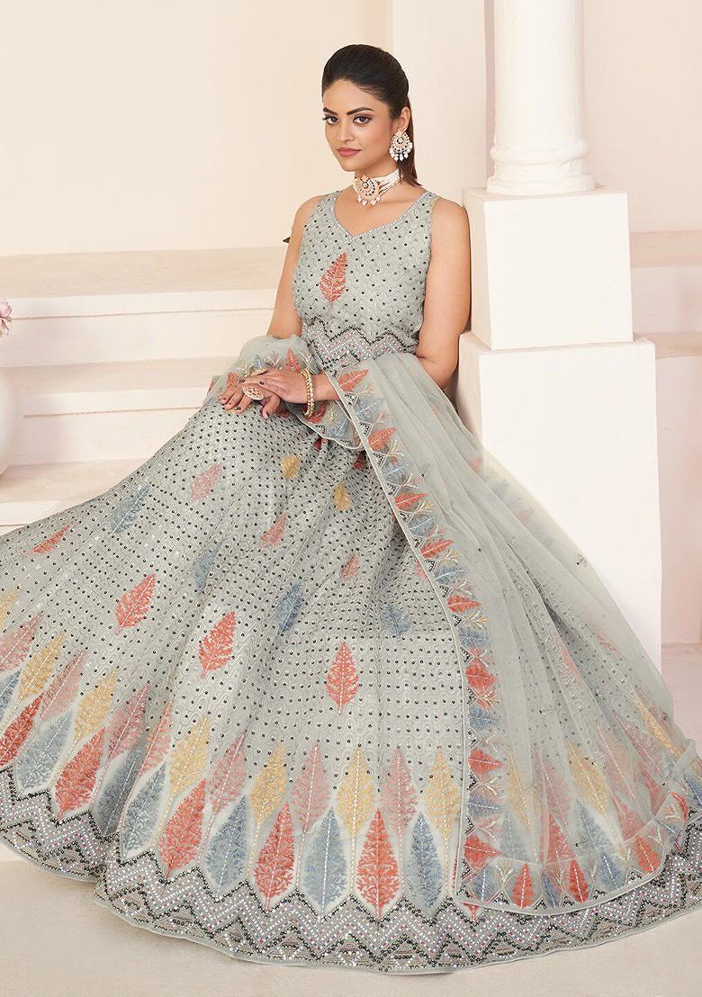 Grey Embellished Poly Blend Lehenga Set