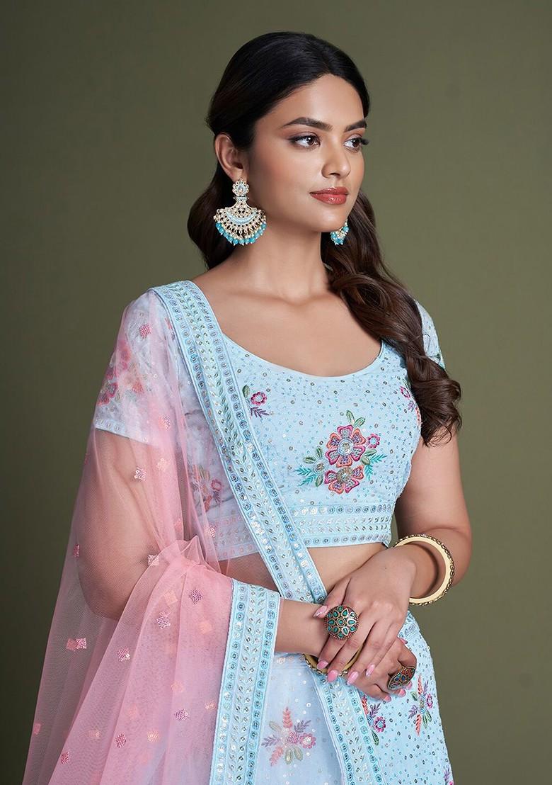 Blue Embroidered Poly Blend Lehenga Set