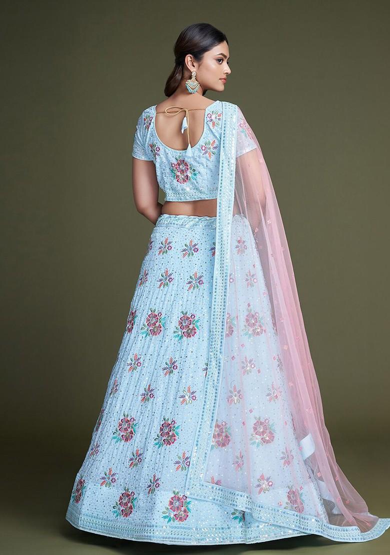 Blue Embroidered Poly Blend Lehenga Set