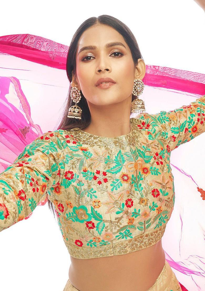 Cream Embroidered Poly Blend Lehenga Set