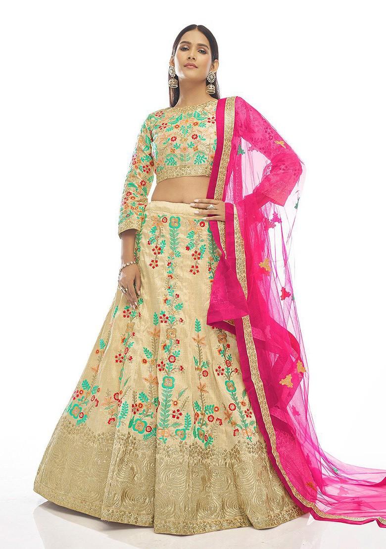 Cream Embroidered Poly Blend Lehenga Set