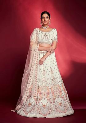 White Embroidered Poly Blend Lehenga Set