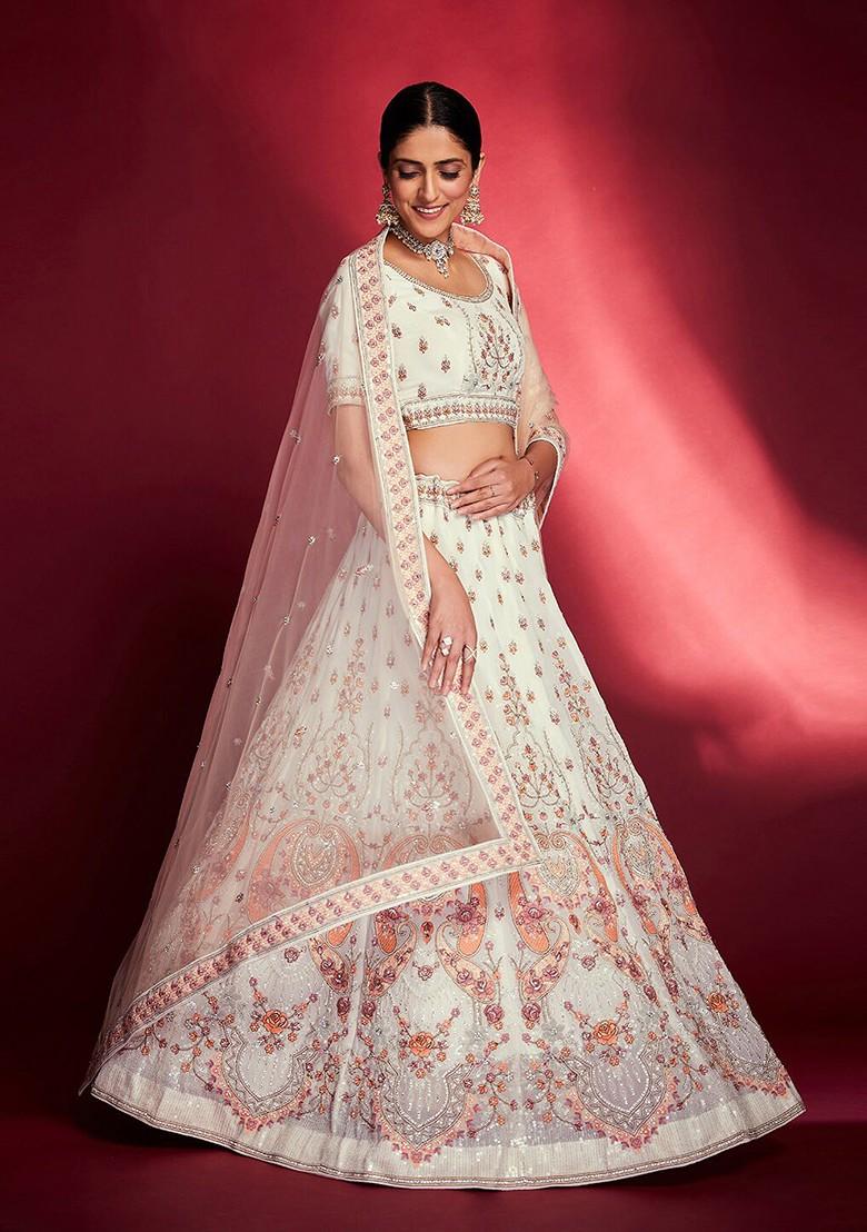 White Embroidered Poly Blend Lehenga Set