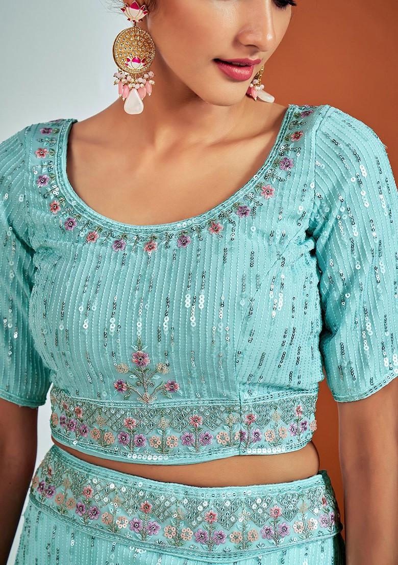 Blue Embroidered Poly Blend Lehenga Set