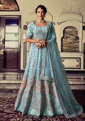 Blue Embellished Poly Blend Lehenga Set