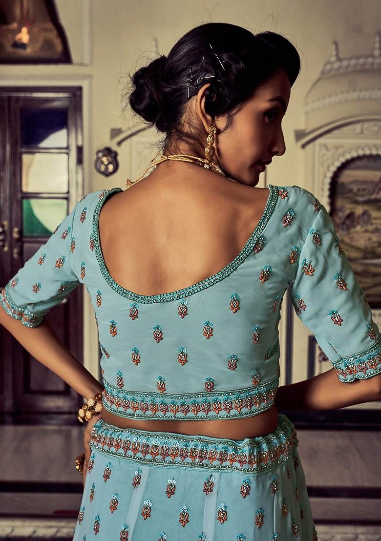 Blue Embellished Poly Blend Lehenga Set