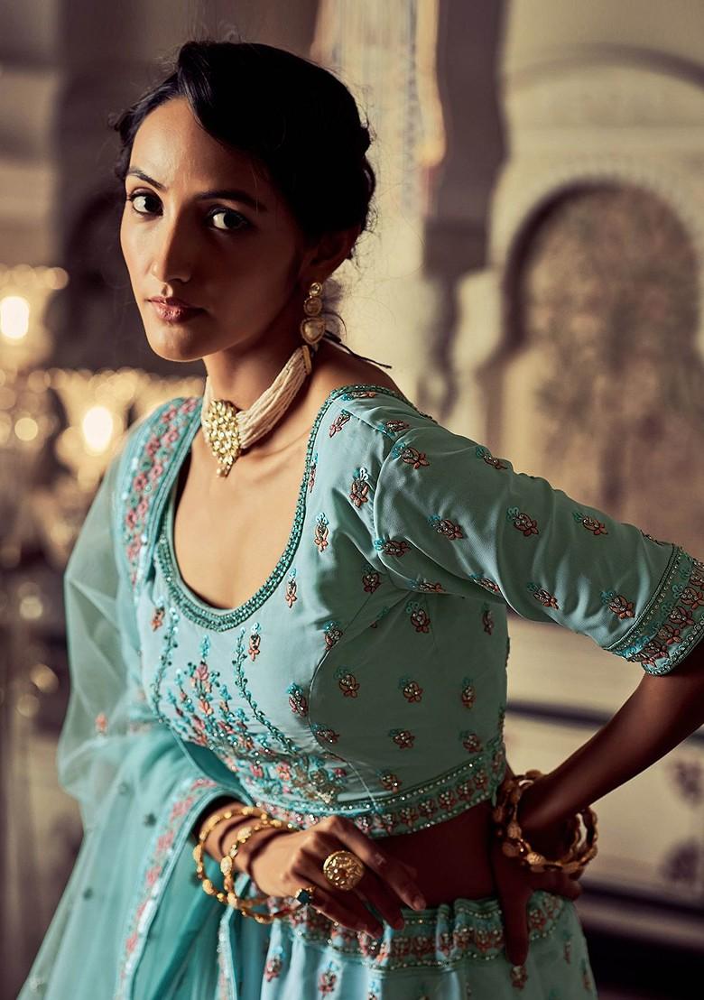 Blue Embellished Poly Blend Lehenga Set