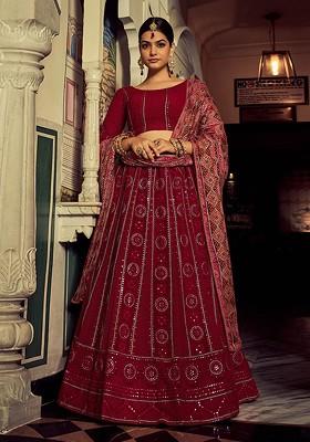 Maroon Embellished Poly Blend Lehenga Set
