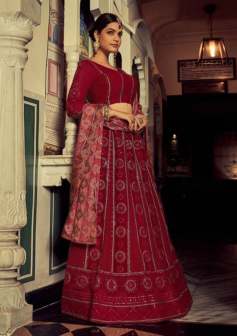Maroon Embellished Poly Blend Lehenga Set