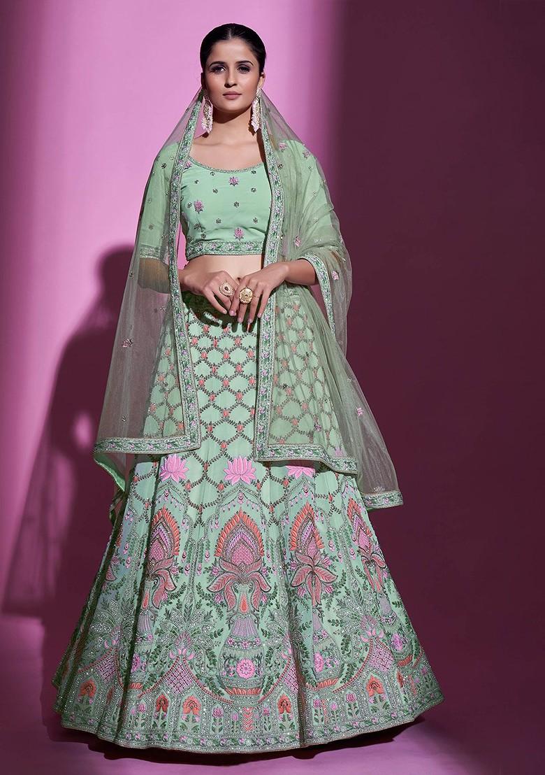Green Embellished Poly Blend Lehenga Set