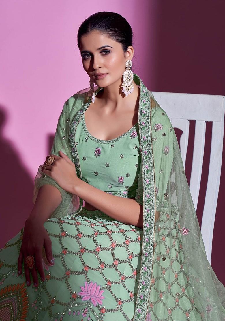 Green Embellished Poly Blend Lehenga Set