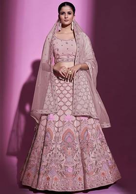 Peach Embellished Poly Blend Lehenga Set
