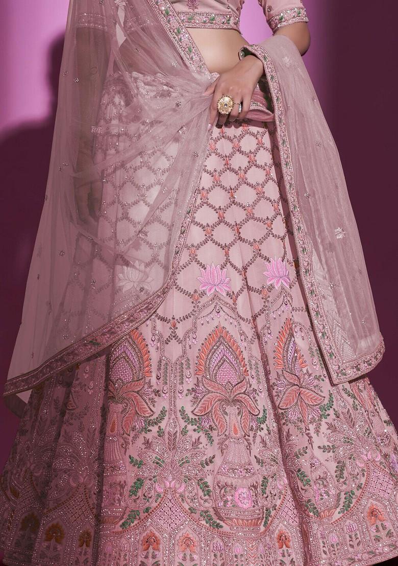 Peach Embellished Poly Blend Lehenga Set