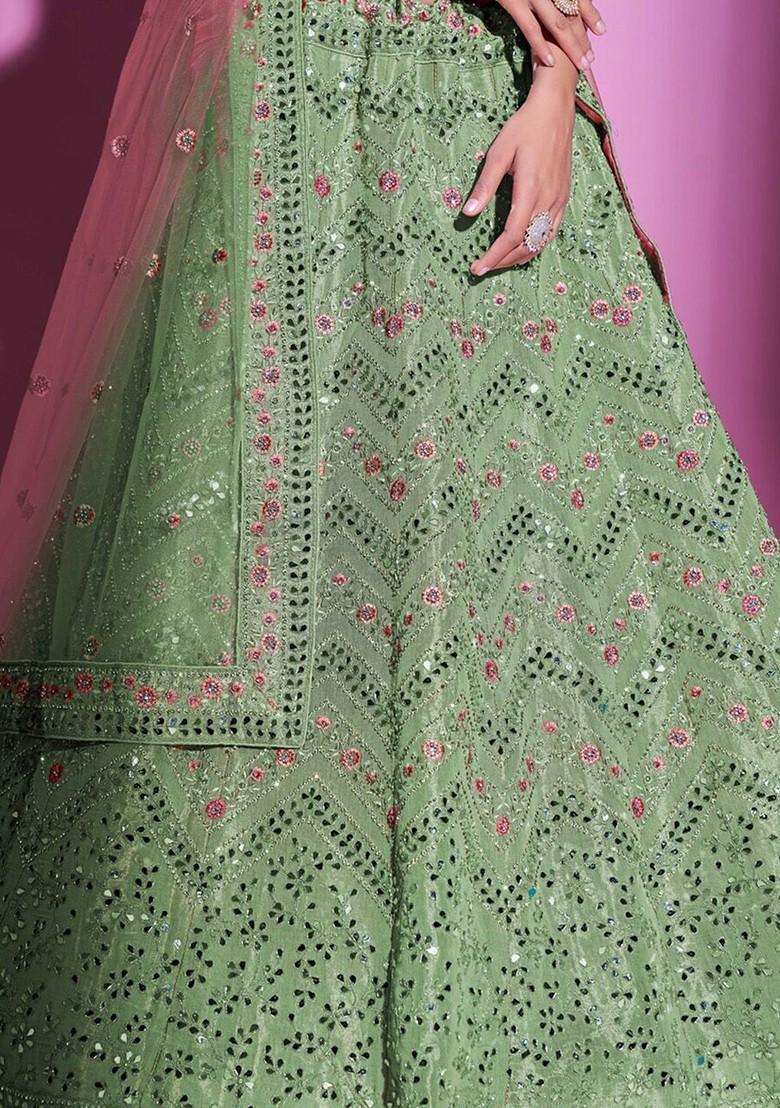 Green Mirror Work Poly Blend Lehenga Set