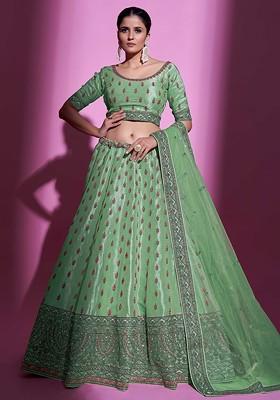 Green Embroidered Poly Blend Lehenga Set