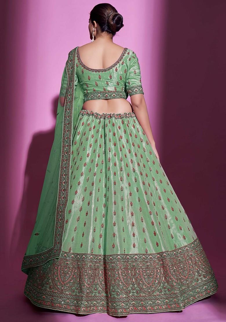 Green Embroidered Poly Blend Lehenga Set