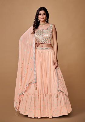 Peach Mirror Work Poly Blend Lehenga Set