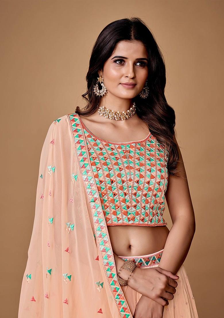 Peach Mirror Work Poly Blend Lehenga Set
